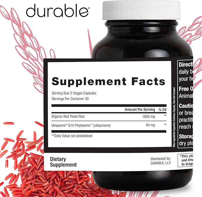 Durable Red Yeast Rice - Enhanced with CoQ10, Extra Strength Management, Heart Health, Healthy Blood Flow - 1600mg Organic Red Yeast Rice + 50 mg KanekaQ10 CoQ10 - (60 Count (Pack of 3))