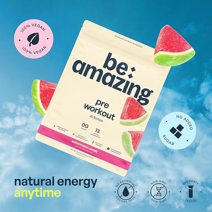 Be Amazing Pre-Workout Powder | Vegan Energy Booster Powdered Drink with All-Natural Caffeine, No Crash, No Jitters Gluten-Free Supplement with Adaptogens | Watermelon Candy, 30 Scoops