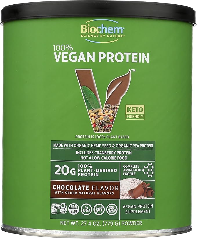 Biochem 100% Vegan Protein, Natural Amino Acids, Gluten Free, Keto, Non Whey, Pea & Hemp Protein Powder for Women and Men, 24 Servings 2 LB (Chocolate)