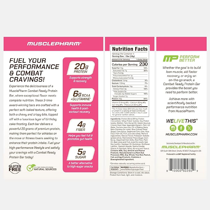 MusclePharm Combat Ready Protein Bar, Confetti Cake High Protein Bars, Combat Cravings, Fuel Performance & Meet Energy Demands, 20g Protein from Whey Protein, 4g Fiber, Gluten Free, 4 Bars