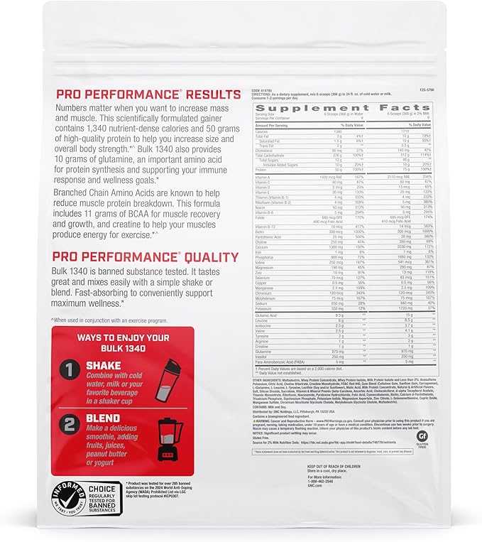 GNC Pro Performance Bulk 1340 Mass Gainer Protein Powder, 50g, Gluten Free, Whey, Creatine, BCAA, 3rd Party Tested, Muscle Recovery & Growth, Micronutrients, Strawberries and Cream, 9 Servings
