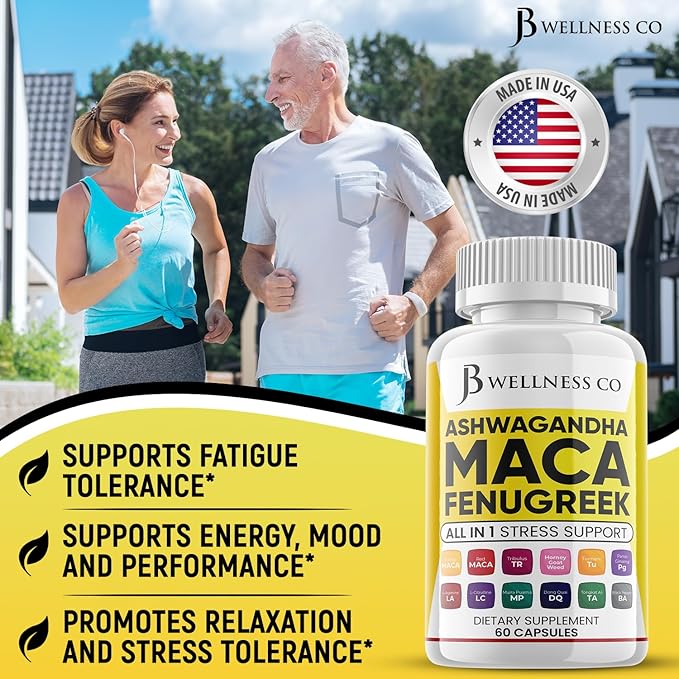 Ashwagandha Maca Root Fenugreek Supplement with Tongkat Ali Ginseng - Assists with Mood & Thyroid Health - Made in USA - 120 Count