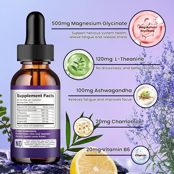 Magnesium Glycinate Supplement, Magnesium Liquid Drops with Magnesium Glycinate 500mg Vitamin B6, Ashwagandha, L - Theanine, Chamomile -Support Stress Relief, Bone, Muscle, Mood Vegan (Pack of 2)
