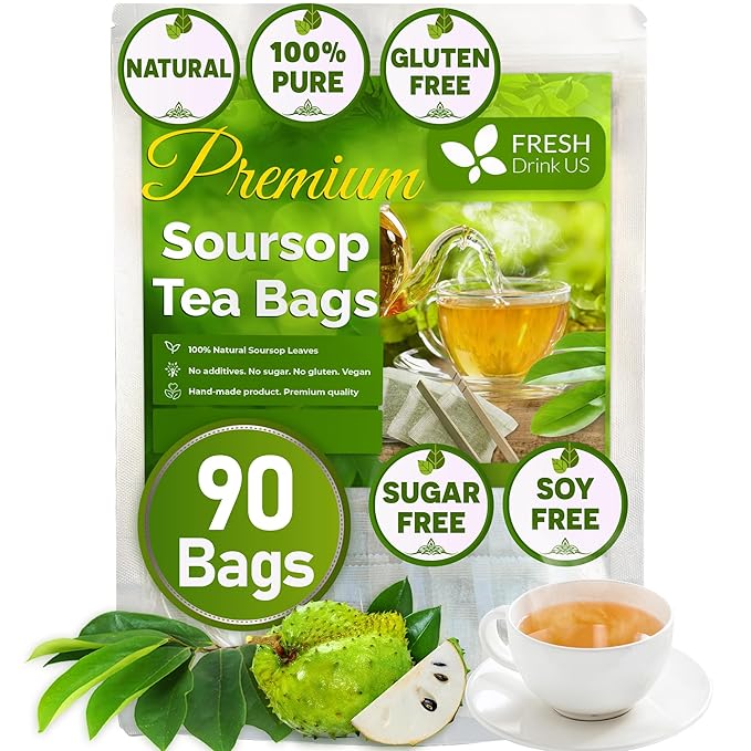 FreshDrinkUS, Premium 90 Soursop Graviola Leaf Tea Bags, 100% Natural and Pure from Soursop Leaves, Handmade, Made With Natural Materials-Corn Fiber Tea Bag, Sugar/ Caffeine/ Gluten Free, Hoja Guanabana Tea