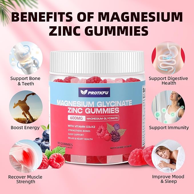 Magnesium Glycinate Gummies 600mg, 90 Ct Sugar Free Magnesium Gummies w/Zinc & Vitamin D3 & K2 - Magnesium Supplements for Sleep, Supports Bone Health, Nerve & Immune Function