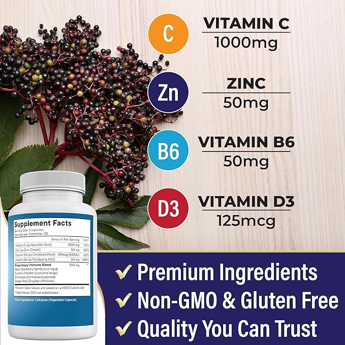 NEW AGE 8 in 1 Immune Support Booster Supplement with Echinacea, Vitamin C and Zinc 50mg, Vitamin D 5000 IU, Turmeric Curcumin & Ginger, B6, Elderberry 60 Count (Pack of 1)