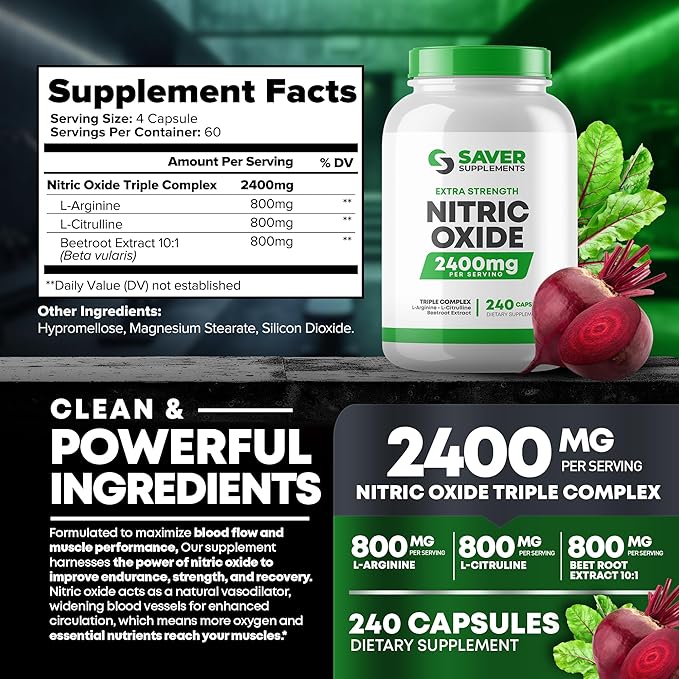 Nitric Oxide Supplement 2400mg with L-Arginine, L-Citrulline and Beet Root Extract, 240 Capsules