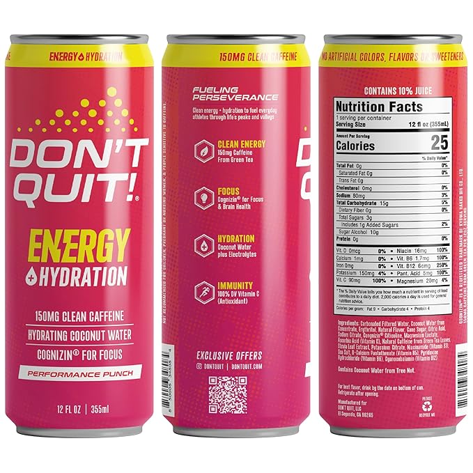 DON’T QUIT Clean Sports Energy Drink - 150 Milligrams of Natural Caffeine with Coconut Water and Electrolytes for Hydration and Cognizin® for Attention and Focus - (Performance Punch, 12 Pack)