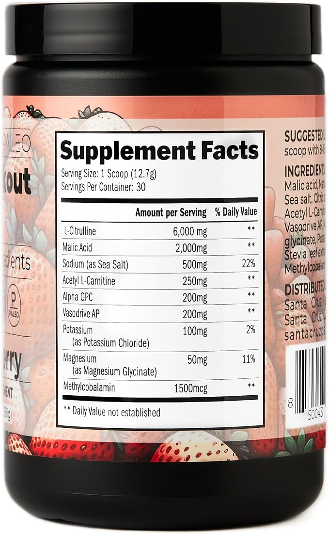 Santa Cruz Paleo Natural Pre Workout Powder, Strawberry, Keto Preworkout with Electrolytes Magnesium, Potassium, L-Citrulline, Caffeine Free, Sugar Free Drink Mix for Energy & Hydration, 30 Servings
