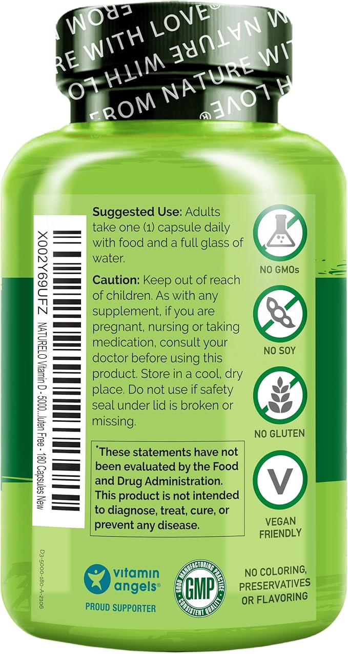 NATURELO Vitamin D - 5000 IU - Plant Based from Lichen - Natural D3 Supplement for Immune System, Bone Support, Joint Health - High Potency - Vegan - Non-GMO - Gluten Free - 180 Capsules (Pack of 2)