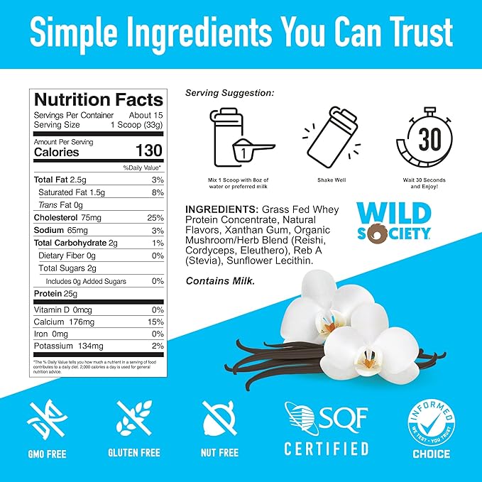 WILD SOCIETY - Premium 100% Grass Fed Whey Protein Powder + Superfood Mushrooms & Adaptogens - 25g Protein, Clean Protein Powder, 0 Added Sugar, Non GMO, Gluten Free - Vanilla Bean, 17.5 oz
