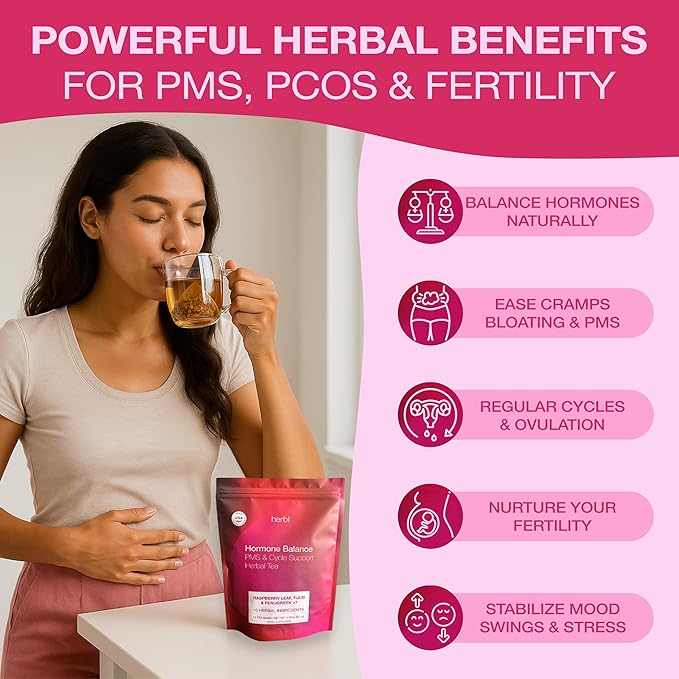 Organic Hormone Balance Tea for Women – Raspberry Leaf Tea with Fenugreek, Tulsi & Black Cohosh – Herbal Hormone Balance tea for PMS (Cramps, Mood, Bloating), PCOS, Ovulation & Fertility