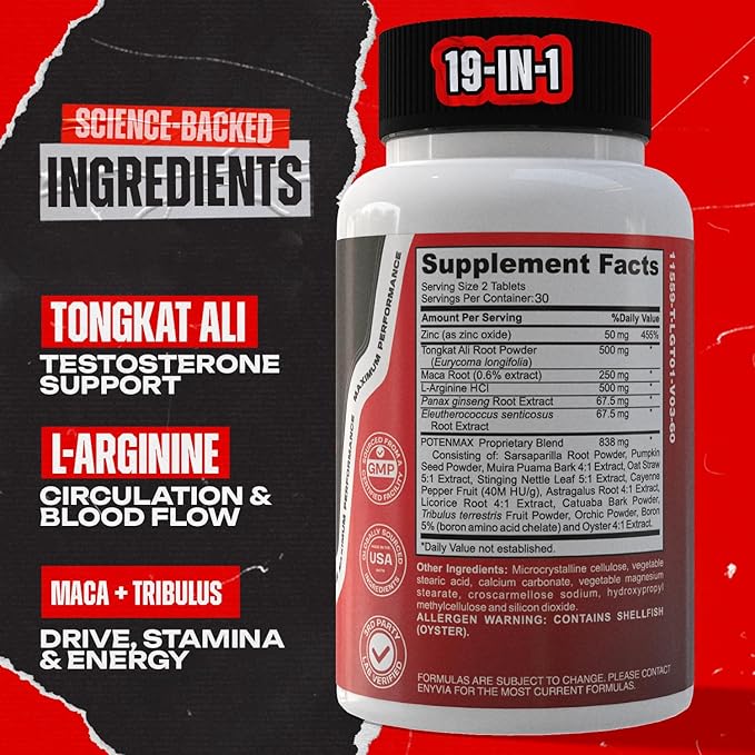 Natural Enlargement Pills for Men - Male Supplements for Men, Add 2-3in 60 Days, Boost Performance, Stamina and Endurance with Oyster Extract, Tongkat Ali, Tribulus, Maca, L-Arginine, 1-Month Supply