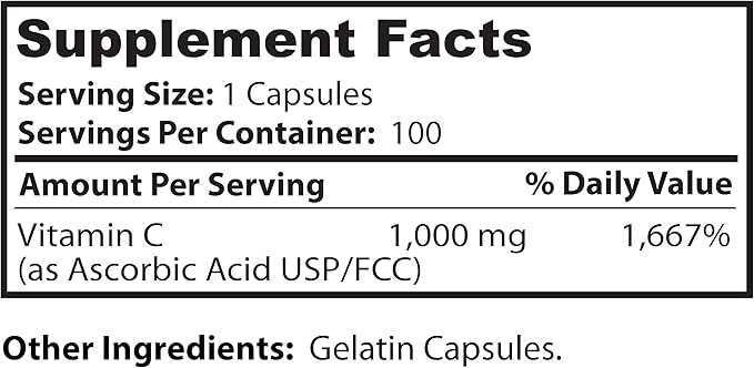 Dr Clark Vitamin C Supplement 1000mg - Gluten Free, Immunity Support, Potent antioxidant, Supports Brain Function, Promotes Tissue Formation and Repair, 100 Gelatin Capsules