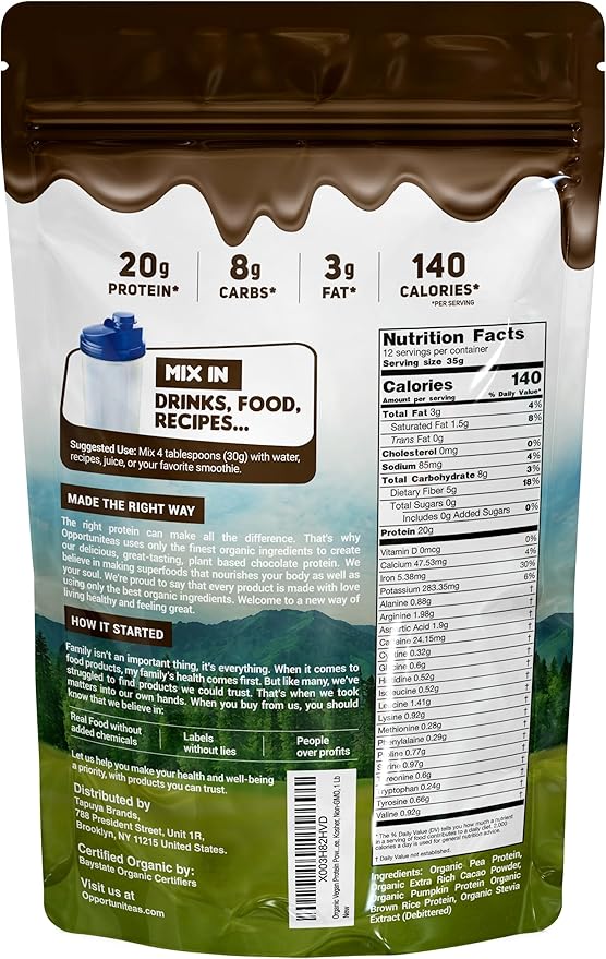 Opportuniteas Organic Plant Based Protein Powder, 20g Pea, Pumpkin, Rice Vegan Organic Protein Powder Without Sugar, Creamy Chocolate, 1 Lb