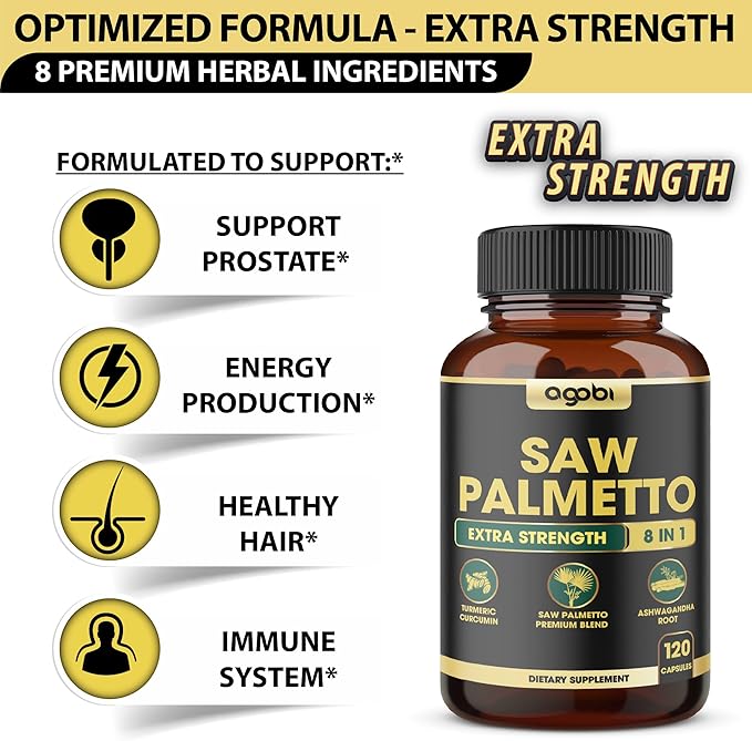 8in1 Saw Palmetto Prostate Support Supplement with Ashwagandha, Turmeric, Ginger, Nettle Leaf, Holy Basil & More - 120 Vegan Capsules for 2 Months