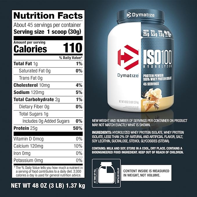 Dymatize ISO100 Whey Protein Powder Isolate, Vanilla, 25g of Protein, 3 Pound, 5.5g BCAAs, Less Than 120 Cal., Gluten Free, 1g Fat, 1g Sugar, 2g Carb