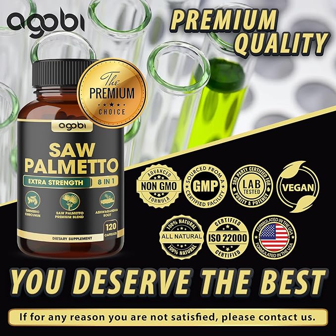 8in1 Saw Palmetto Prostate Support Supplement with Ashwagandha, Turmeric, Ginger, Nettle Leaf, Holy Basil & More - 120 Vegan Capsules for 2 Months