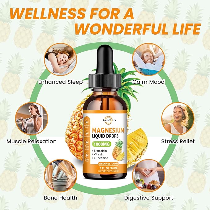 Magnesium Glycinate Liquid Drops, 1000mg of Liquid Magnesium Complex Supplement for Sleep, Nerve, Energy, Muscle, Bone, Calm & Digestion, High Absorption, 2 Fl Oz, Sugar-Free Pineapple Flavor