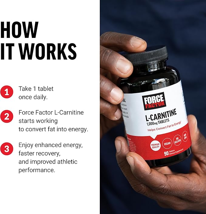 FORCE FACTOR L-Carnitine Supplement, L Carnitine Tartrate 1000mg Capsules to Convert Fat Into Energy, Support Muscle Recovery, and Boost Exercise Performance, Vegan, Non-GMO, 90 Tablets