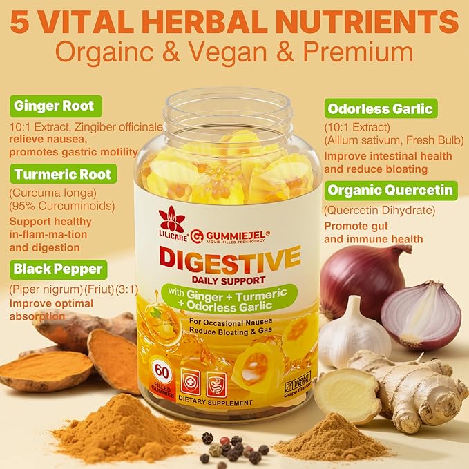 Ginger Chews Supplement Gummies for Nausea, Stomach Relief - Sugar Free with Turmeric & Odorless Garlic, Quercetin, Vitamin D3, Ultra Absorption for Digestive Support - 60 Count (Pack of 1)