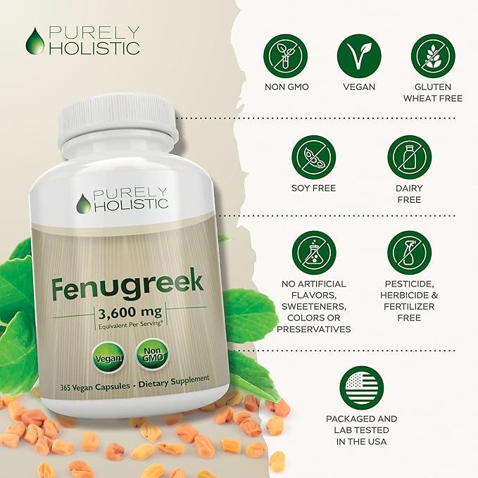 Purely Holistic Fenugreek Capsules 3600mg - 365 Vegan Capsules - Lactation Supplement - from Fenugreek Seeds - Concentrated x10 Extract - Non GMO for Women & Men