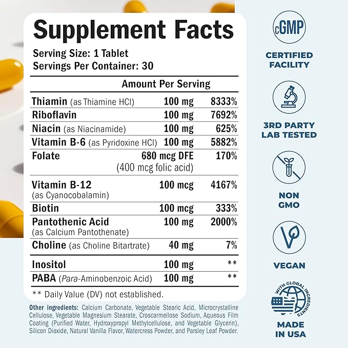 Vitamin B Complex with Vitamin B12, Niacin, Vitamin B2, Vitamin B6, Folic Acid 400mcg. B Complex Vitamins for Women & Men. Aids Mood, Energy, Nervous System & Immune Support. High Potency. One a Day