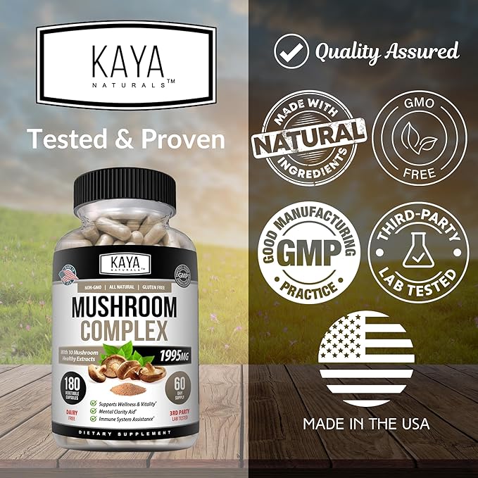 Kaya Naturals Premium Mushroom Complex Potent - Mushroom Supplement - Mushroom Complex Capsules 1995mg Per Serving - Aids Mental Clarity Supports Immune System, Wellness & Vitality - 180 Count