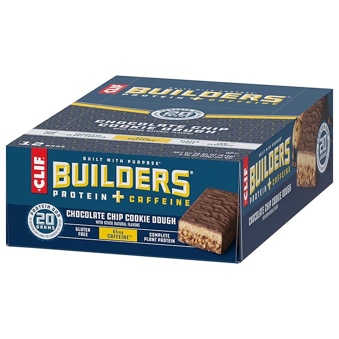 CLIF Builders + Caffeine - Chocolate Chip Cookie Dough Flavor - Plant Based Protein Bars - Gluten Free - Non-GMO - Low Glycemic - 20g Protein - 2.4 oz. (12 Count)