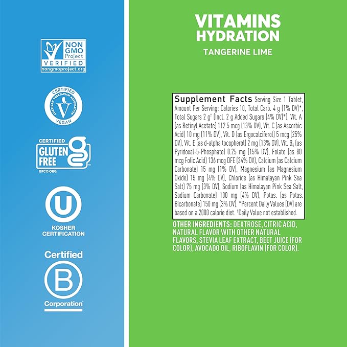 Nuun Vitamins Electrolyte Tablets with Vitamin D, C, E, A, & B6, Folic Acid, Magnesium & 4 Other Essential Electrolytes, Gluten Free & Vegan, Tangerine Lime, 8 Pack (96 Servings Total)