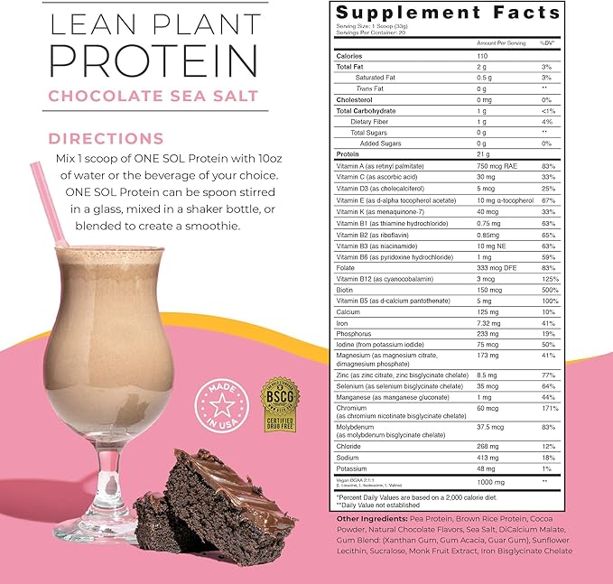 One Sol Lean Plant Protein Powder Chocolate Sea Salt, Low Carb, Gluten Free, Lactose Free, No Sugar Added, Soy Free, Non-GMO, 100% Plant Based & Vegan Friendly