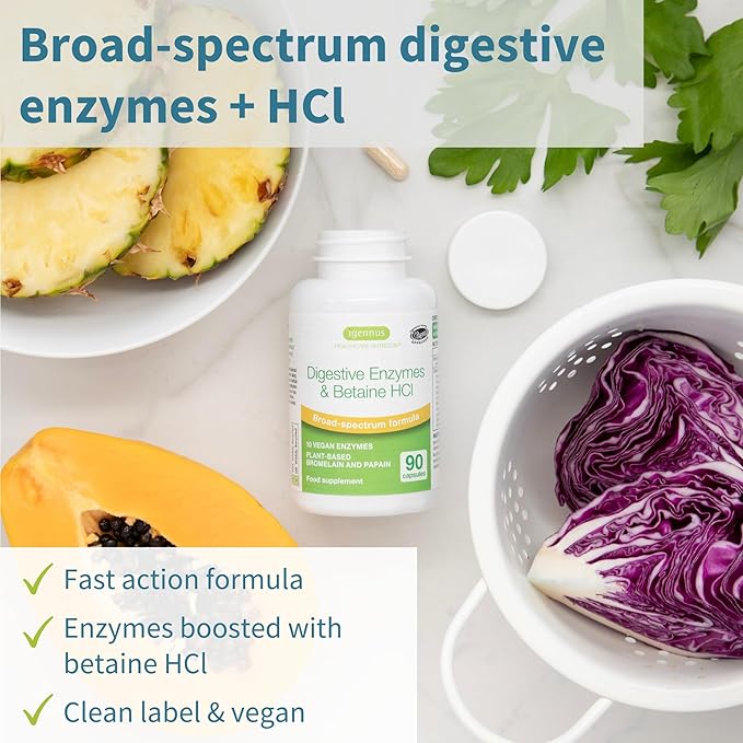 Igennus Fast Action Digestive Enzymes & Betaine HCl, 10 Broad Spectrum Enzymes with Protease, Lipase & Lactase, Papain & Bromelain, Plant-Based Vegan, Clean Label, for Women and Men, 90 Capsules
