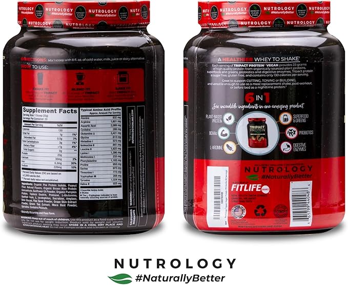 Nutrology TRIPACT Vegan Protein Powder - Vegan Meal Replacement Shakes with Organic Pea, Rice, & Pumpkin, Plant Based Protein Powder, BCAAs & Glutamine, Non-GMO, Peanut Butter & Vanilla, 20 Servings