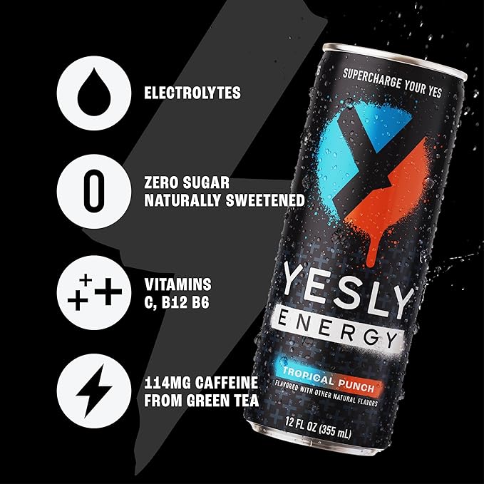 Yesly Energy Drink, Tropical Punch, Naturally Flavored Sparkling Energy Water With Electrolytes, Magnesium, Potassium, Vitamin C, B6 & B12, Natural Caffeine From Green Tea, 12 Fl Oz Cans, 12 Pack