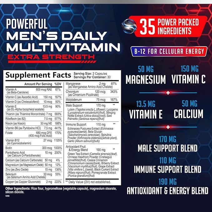 Mens Multivitamin Supplement Daily Men's Multivitamins & Multiminerals with Vitamin A, C, D, E, B12, Zinc for Immune Support & Essential Vitamins for Energy, Focus and Men's Health - 60 Capsules