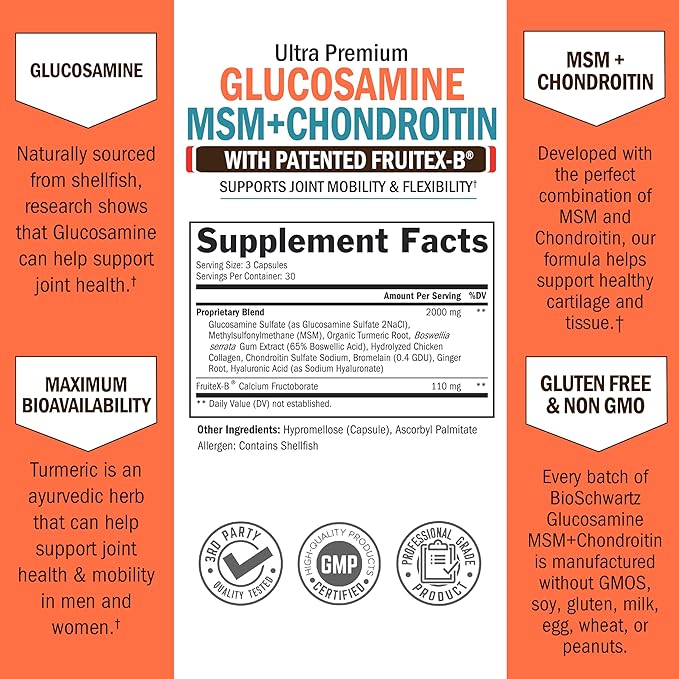 Glucosamine Chondroitin MSM Joint Support Supplement - FSA HSA Approved - Collagen Peptides, Turmeric and Ginger, Hyaluronic Acid, Glucosamine Chondroitin Sulfate - Gluten Free, Non GMO, 90 Capsules
