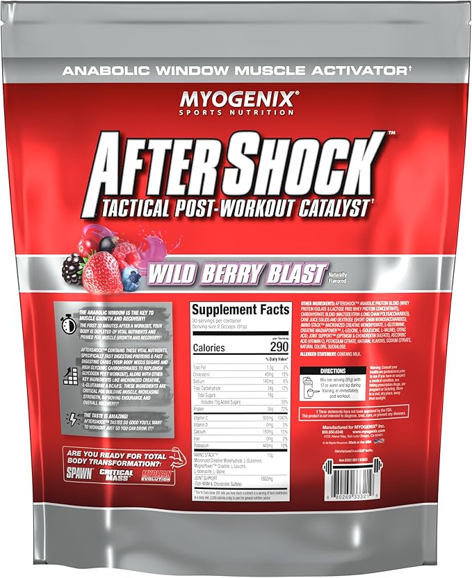 Myogenix Aftershock Post Workout, Muscle Growth Whey Protein Powder | Anabolic Whey Protein and Mass Building Carbohydrates | Amino Stack Creatine and Glutamine Plus BCAAs | Wildberry Blast 6 LBS