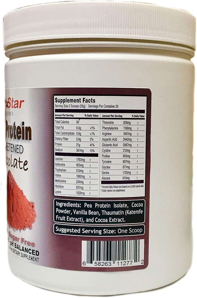 Pea Protein Powder - Unsweetened - Chocolate with Cocoa Powder & Vanilla Bean - Soy Free, Non-GMO 17.6 oz