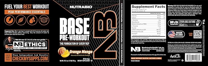 NutraBio Base Pre-Workout Powder 200mg Caffiene, Sustained Energy, Focus, Endurance, Pump, Sugar Free, Clean Preworkout for Men and Women - Beta Alanine, L-Tyrosine, 30 Servings - Orange Mango