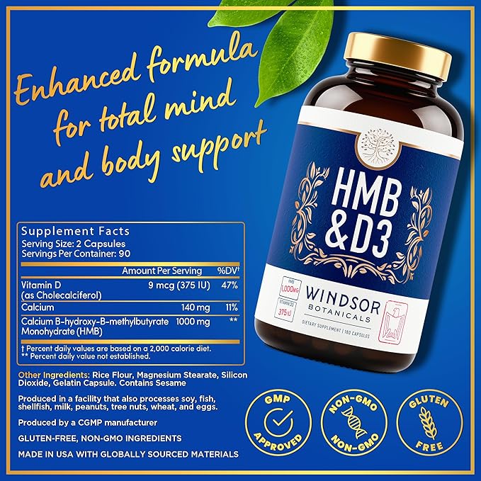 HMB and Vitamin D3 Supplement - Muscle Growth, Strength, Performance and Recovery Support - B-Hydroxy B-Methylbutyrate, D3 Plus Calcium, 1,000 MG HMB Supplements - 180 Days, 360 Capsules