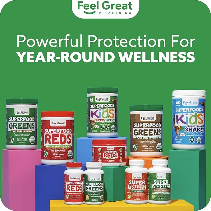 Feel Great Organic Superfood Greens Powder - Cocoa Chocolate | Fruit & Vegetable Supplement | Over 20 Greens, Fruits & Veggies, Fiber, Probiotics & Digestive Enzymes | 30 Servings