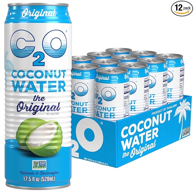 C2O - Coconut Water, The Original Flavor (12 Pack) - Made with Fresh Coconut Water, Plant Based - Non GMO Canned Water - Natural Hydration, Essential Electrolytes, & Potassium - 12 Cans, 17.5 FL OZ
