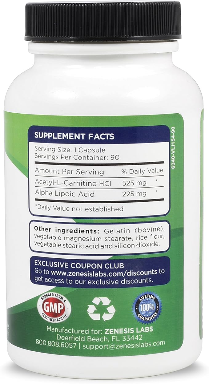 Zenesis Labs Acetyl L-Carnitine with Alpha Lipoic Acid Bulk 3-Bottle, 270 Capsule Supply (90 Capsules/Bottle)