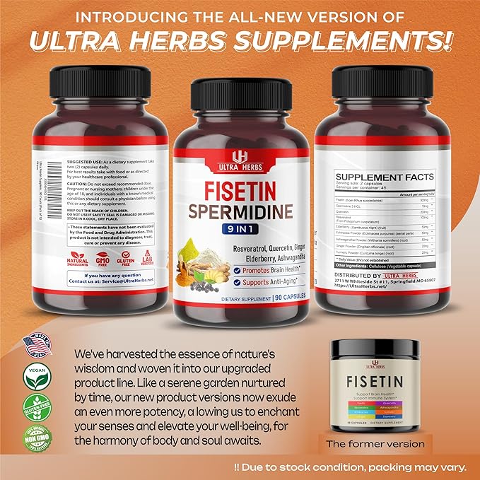 Ultra Fisetin Supplements Complex Resveratrol Quercetin - Support Brain Wellness, Immune System with Elderberry, Echinacea, Ashwagandha, Turmeric, Ginger (90 Count (Pack of 1))
