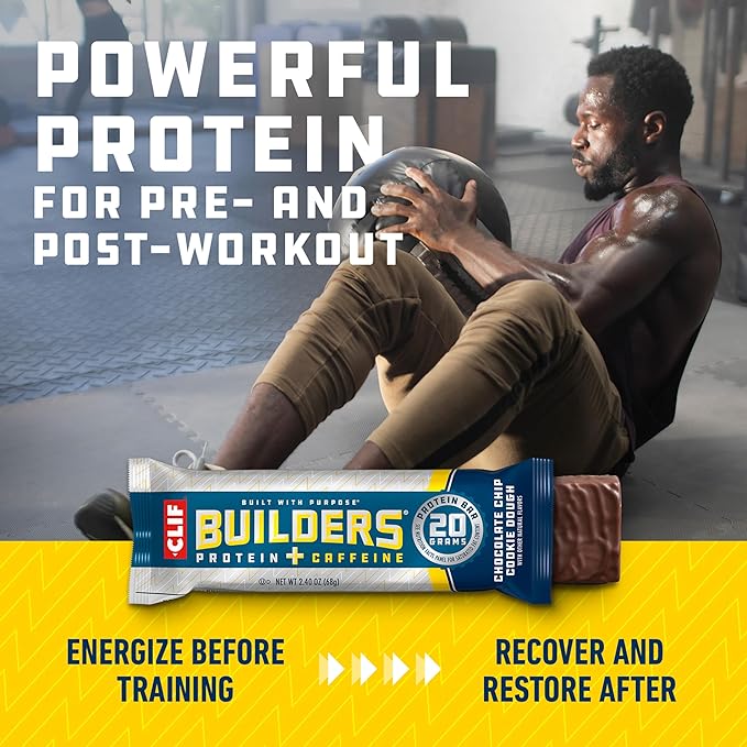 CLIF Builders + Caffeine - Chocolate Chip Cookie Dough Flavor - Plant Based Protein Bars - Gluten Free - Non-GMO - Low Glycemic - 20g Protein - 2.4 oz. (12 Count)