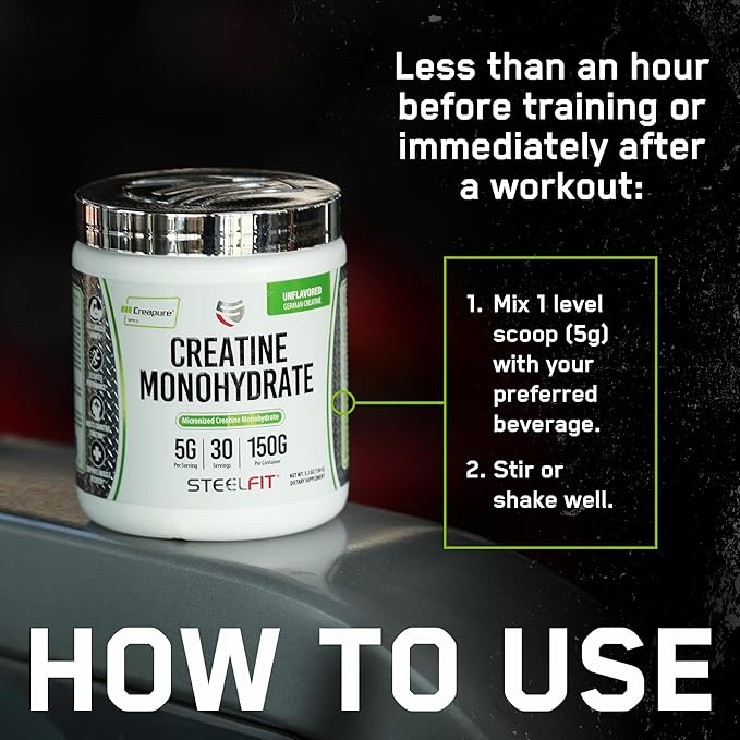 SteelFit Creapure Creatine Monohydrate Powder, Unflavored - German Micronized Creatine Powder for Men & Women - Gym Workout Nutritional Supplements for Muscle Gain, Brain Health & Strength Building