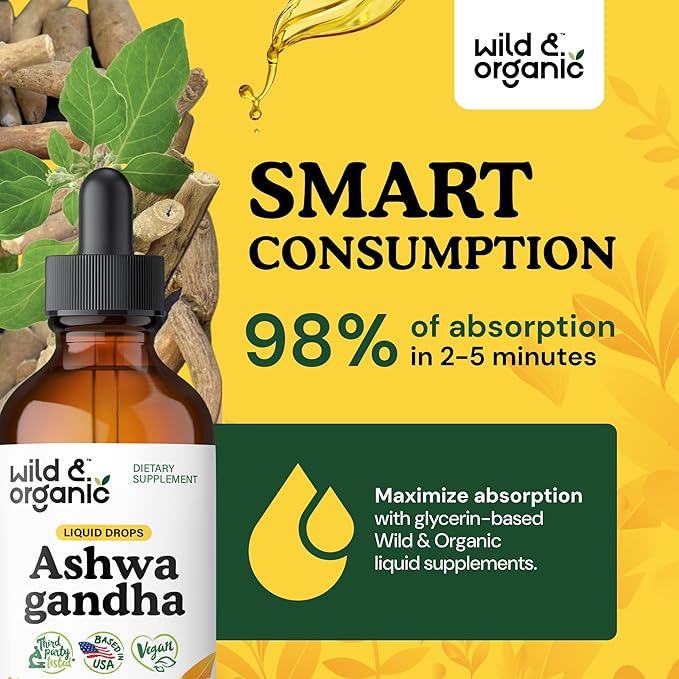 Wild & Organic Ashwagandha Drops - Mood Support Supplement w/Ashwagandha Root Extract - Liquid Drops for Calm Mind - Relaxation Supplements - Sugar & Alcohol-Free - 4 fl oz