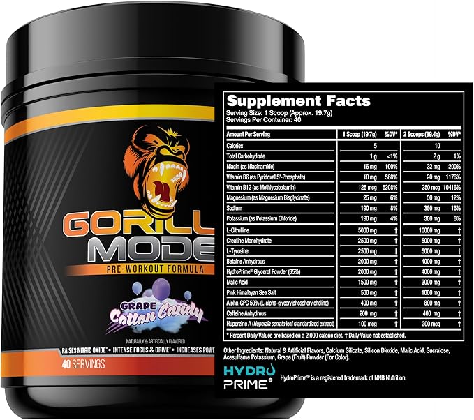 Gorilla Mind Pre Workout - Massive Pumps Laser Focus Energy Power - L-Citrulline, Creatine, L-Tyrosine, Betaine, Hydroprime, Alpha-GPC, 400mg Caffeine, Huperzine A 786g (Cotton Candy Grape)
