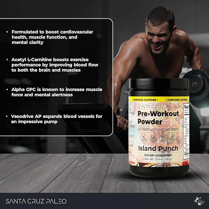 Santa Cruz Paleo Natural Pre Workout Powder, Island Punch, Keto Preworkout Electrolytes with Magnesium, Potassium, L-Citrulline, 150mg Caffeine, Sugar-Free Drink Mix for Energy & Hydration,30 Servings