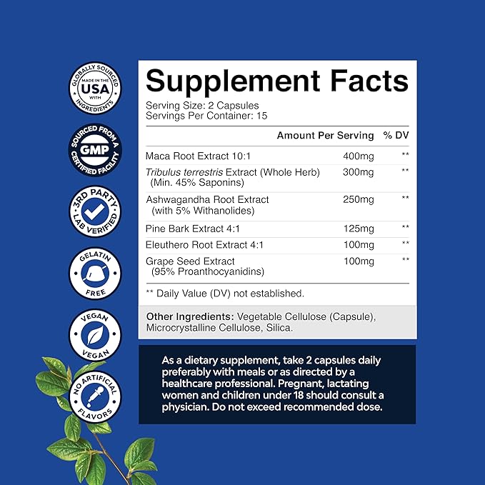 Potent Black Maca Root Capsules for Men - Herbal Wellness Supplement with Siberian Ginseng Ashwagandha and Black Maca Root - Men’s Wellness Supplement to Support General Health (Trial Size)